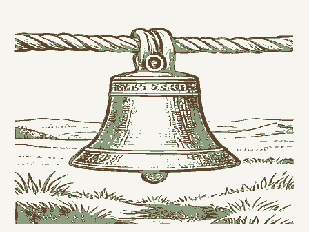 Decorative drawing: a cast-iron school bell on a yoke with a rope. Not a photograph of this place.