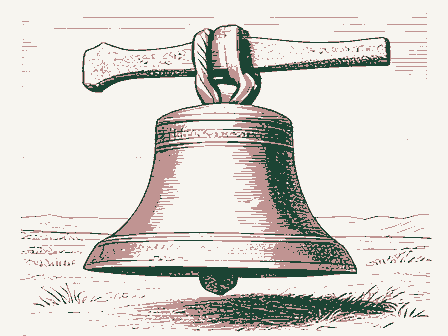 Decorative drawing: a cast-iron school bell on a yoke with a rope. Not a photograph of this place.