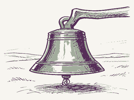 Decorative drawing: a cast-iron school bell on a yoke with a rope. Not a photograph of this place.