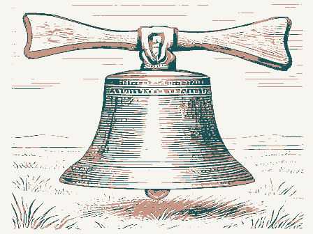Decorative drawing: a cast-iron school bell on a yoke with a rope. Not a photograph of this place.