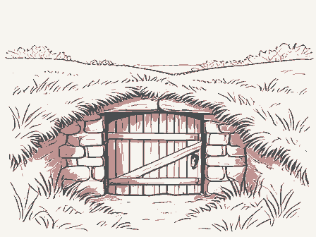 Decorative drawing: a root cellar with a plank door set into a grassy bank. Not a photograph of this place.