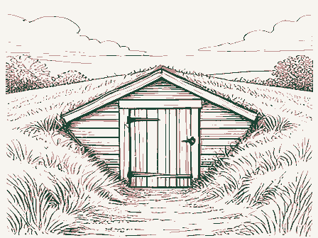 Decorative drawing: a root cellar with a plank door set into a grassy bank. Not a photograph of this place.