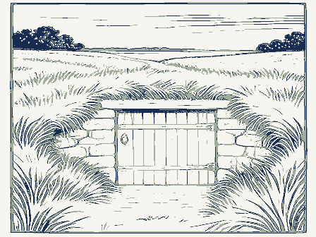 Decorative drawing: a root cellar with a plank door set into a grassy bank. Not a photograph of this place.