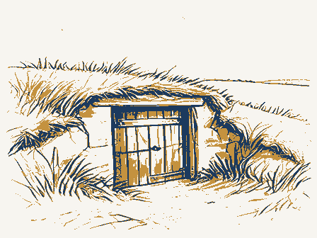 Decorative drawing: a root cellar with a plank door set into a grassy bank. Not a photograph of this place.