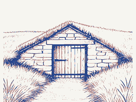 Decorative drawing: a root cellar with a plank door set into a grassy bank. Not a photograph of this place.
