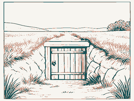 Decorative drawing: a root cellar with a plank door set into a grassy bank. Not a photograph of this place.
