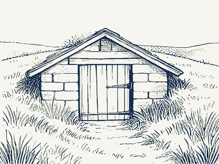 Decorative drawing: a root cellar with a plank door set into a grassy bank. Not a photograph of this place.