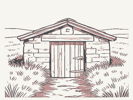 Decorative drawing: a root cellar with a plank door set into a grassy bank. Not a photograph of this place.