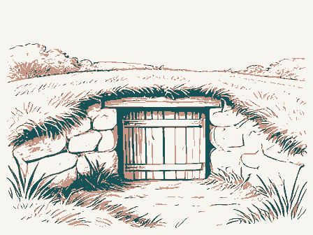 Decorative drawing: a root cellar with a plank door set into a grassy bank. Not a photograph of this place.