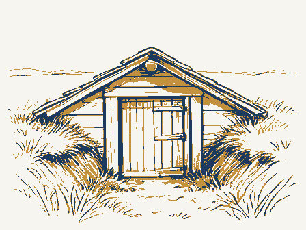 Decorative drawing: a root cellar with a plank door set into a grassy bank. Not a photograph of this place.