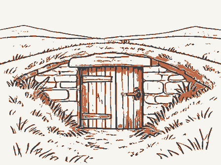 Decorative drawing: a root cellar with a plank door set into a grassy bank. Not a photograph of this place.