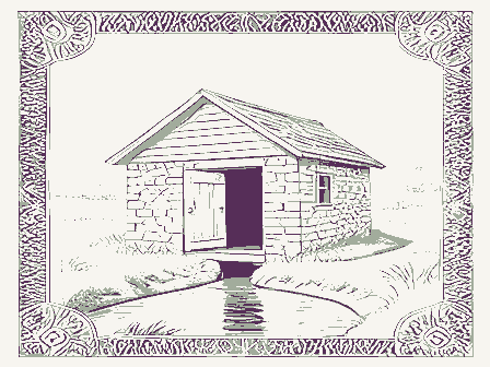Decorative drawing: a small stone springhouse. Not a photograph of this place.