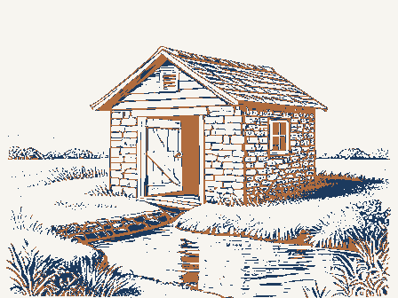 Decorative drawing: a small stone springhouse. Not a photograph of this place.
