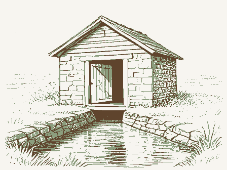 Decorative drawing: a small stone springhouse. Not a photograph of this place.
