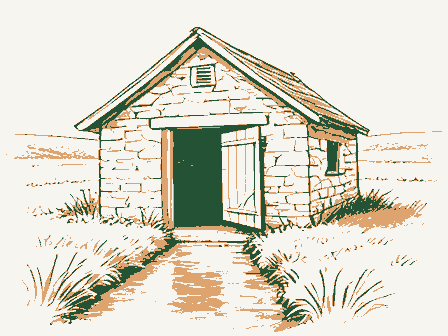 Decorative drawing: a small stone springhouse. Not a photograph of this place.