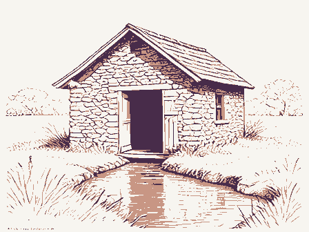 Decorative drawing: a small stone springhouse. Not a photograph of this place.