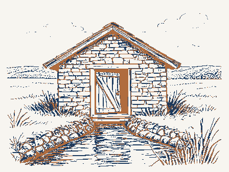 Decorative drawing: a small stone springhouse. Not a photograph of this place.