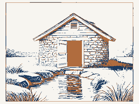 Decorative drawing: a small stone springhouse. Not a photograph of this place.