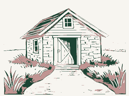 Decorative drawing: a small stone springhouse. Not a photograph of this place.