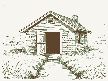 Decorative drawing: a small stone springhouse. Not a photograph of this place.