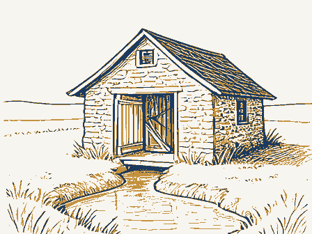 Decorative drawing: a small stone springhouse. Not a photograph of this place.