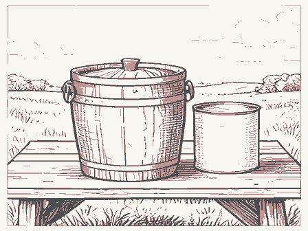 Decorative drawing: a butter churn and a cream can on a bench. Not a photograph of this place.