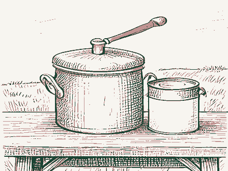 Decorative drawing: a butter churn and a cream can on a bench. Not a photograph of this place.