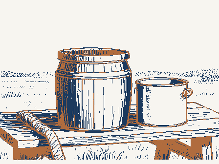 Decorative drawing: a butter churn and a cream can on a bench. Not a photograph of this place.