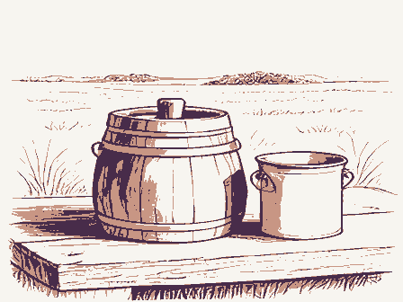 Decorative drawing: a butter churn and a cream can on a bench. Not a photograph of this place.