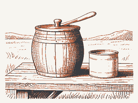 Decorative drawing: a butter churn and a cream can on a bench. Not a photograph of this place.