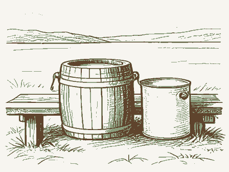 Decorative drawing: a butter churn and a cream can on a bench. Not a photograph of this place.