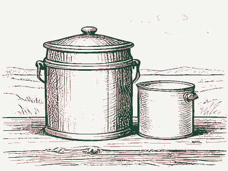 Decorative drawing: a butter churn and a cream can on a bench. Not a photograph of this place.