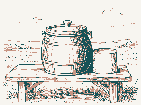 Decorative drawing: a butter churn and a cream can on a bench. Not a photograph of this place.
