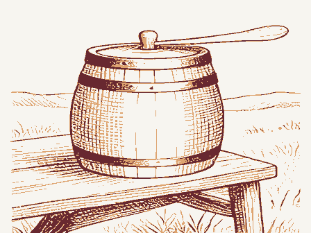 Decorative drawing: a butter churn and a cream can on a bench. Not a photograph of this place.