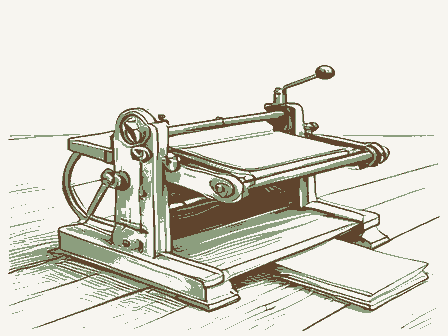 Decorative drawing: a hand-operated flatbed printing press in a small workshop, its lever, bed and ink rollers,.... Not a photograph of this place.