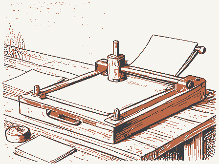 Decorative drawing: a hand-operated flatbed printing press in a small workshop, its lever, bed and ink rollers,.... Not a photograph of this place.