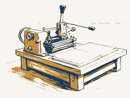 Decorative drawing: a hand-operated flatbed printing press in a small workshop, its lever, bed and ink rollers,.... Not a photograph of this place.