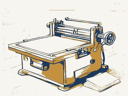 Decorative drawing: a hand-operated flatbed printing press in a small workshop, its lever, bed and ink rollers,.... Not a photograph of this place.