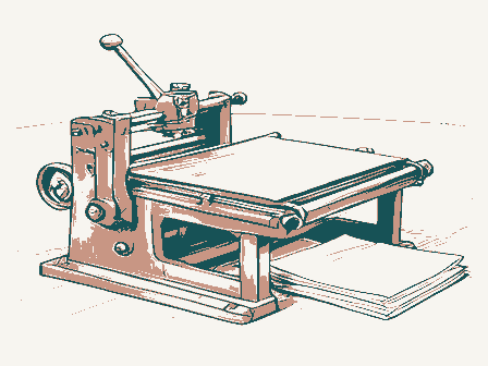 Decorative drawing: a hand-operated flatbed printing press in a small workshop, its lever, bed and ink rollers,.... Not a photograph of this place.