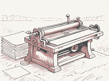 Decorative drawing: a hand-operated flatbed printing press in a small workshop, its lever, bed and ink rollers,.... Not a photograph of this place.