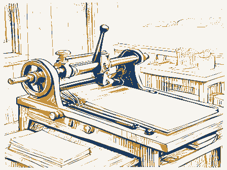 Decorative drawing: a hand-operated flatbed printing press in a small workshop, its lever, bed and ink rollers,.... Not a photograph of this place.