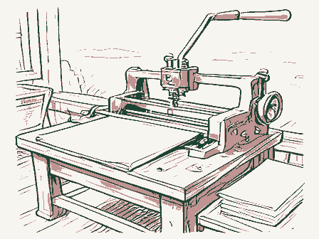 Decorative drawing: a hand-operated flatbed printing press in a small workshop, its lever, bed and ink rollers,.... Not a photograph of this place.