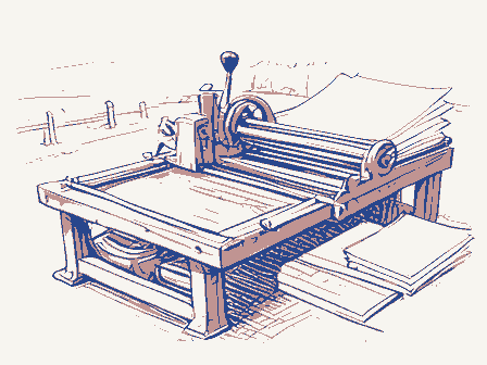 Decorative drawing: a hand-operated flatbed printing press in a small workshop, its lever, bed and ink rollers,.... Not a photograph of this place.