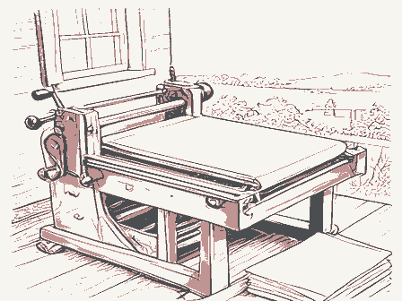 Decorative drawing: a hand-operated flatbed printing press in a small workshop, its lever, bed and ink rollers,.... Not a photograph of this place.