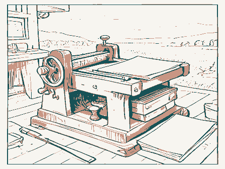 Decorative drawing: a hand-operated flatbed printing press in a small workshop, its lever, bed and ink rollers,.... Not a photograph of this place.