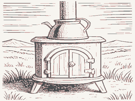 Decorative drawing: a cast-iron cook stove with a kettle and a fire door. Not a photograph of this place.