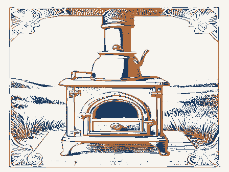 Decorative drawing: a cast-iron cook stove with a kettle and a fire door. Not a photograph of this place.