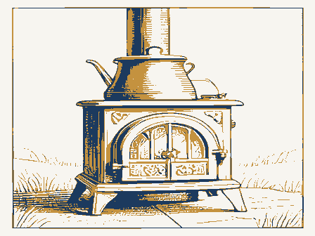 Decorative drawing: a cast-iron cook stove with a kettle and a fire door. Not a photograph of this place.