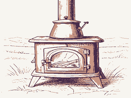 Decorative drawing: a cast-iron cook stove with a kettle and a fire door. Not a photograph of this place.