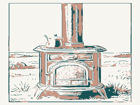 Decorative drawing: a cast-iron cook stove with a kettle and a fire door. Not a photograph of this place.